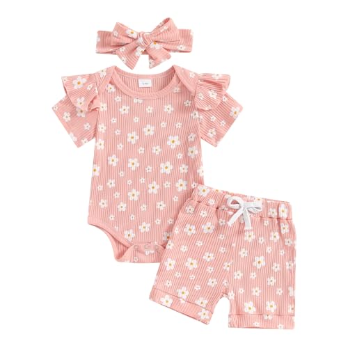 Image of Newborn Baby Girl Clothes Summer Knit Ribbed Floral Print Short Sleeve Romper Shorts Headband Outfit Set
