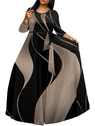 Image of PinkPatty Women's Long Sleeve Maxi Dress Plus Size Trendy Wedding Guest Dress with Pockets&Belt