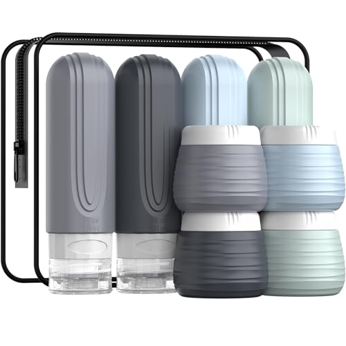 Travel-Bottles-for-Toiletries-8-Pack-TSA-Approved-Travel-Size-Toiletries-Containers-Set-4-Silicone-Leak-Proof-Refillable-Bottles-and-4-Creams-Jars-Accessories-Kit-WClear-Bag-GRAY Travel Bottles for Toiletries 8 Pack, TSA Approved Travel Size Toiletries Containers Set, 4 Silicone Leak Proof Refillable Bottles and 4 Creams Jars Accessories Kit W/Clear Bag (GRAY) - Image 1