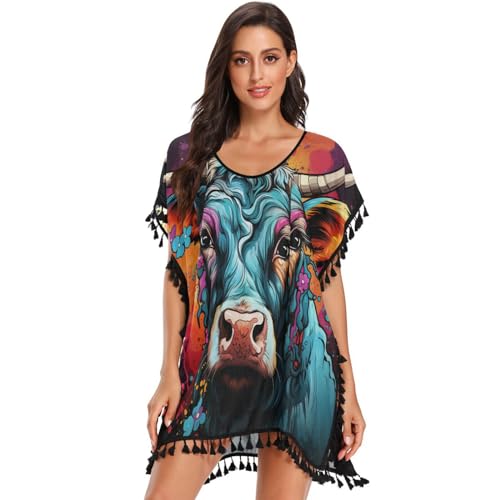KAAVIYO Watercolor Angry Blue Cow Women's Beach Cover Up Chiffon Tassel Swimwear Swimsuit Coverups for Girl