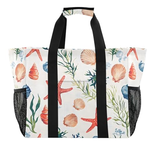 Large Waterproof Travel Tote Bag for Women Men, Watercolor Sea Life Seashells Starfish Canvas Beach Bag with Lining & Pockets - Reusable Grocery/Laundry/Kitchen/Pool/Picnic Tote (15.4x9.8x12