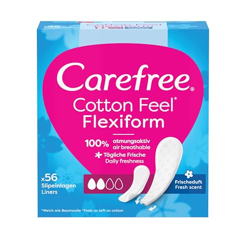 Carefree Cotton Feel Flexiform - Salvaslips flexibles con fragancia fresca (paquete de 56), 100% transpirables con sensación fresca de larga duración, talla normal