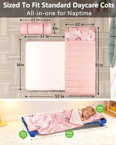 Image of Primlect Toddler Nap Mat, Portable Rolled Sleeping Mat | 51 inchx31 All-in-One Sleeping Bag with Removable Pillow and Soft Blanket, Machine Washable, for Daycare Travel, for Boys Girls