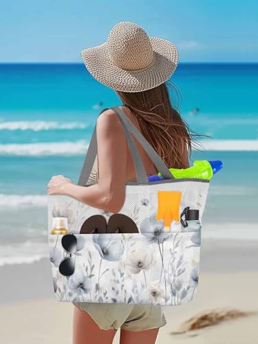 Mesh Beach Bag Oversized Tote Bags for Women Spring Watercolor Flower Leaf Plant Large Travel Pool Bags with 8 Pockets3