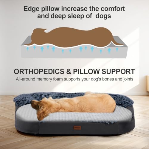 Image of Fluffy Calming Jumbo Orthopedic Dog Beds for Extra Large Dogs, Supportive Dog Sofa Bed with 3.7 inch 28D Egg-Crate Foam, Removable Washable Plush Cover, Waterproof Lining, 48'',Brown