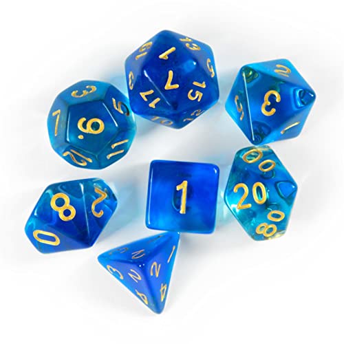 7 dados poliedricos transparentes con degradado azul con bolsa.