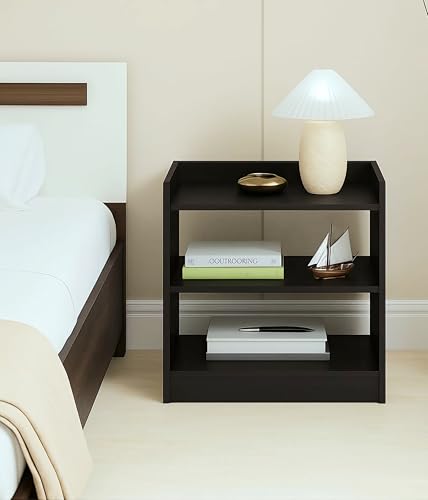 Image of Deion Modern Wooden Bedside Table for Bedroom & Living Room | Bed Side Table with 3-Tier Open Shelves Storage | Side Table /Night Stand /End Table /Sofa Side Stand for Home Decor | Dark Brown Finish