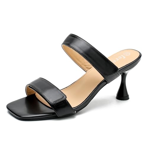 fereshte Womens 2 Strap Slip On Heeled Sandals Slip On Sandals Square Toe Kitten Heeled Mules
