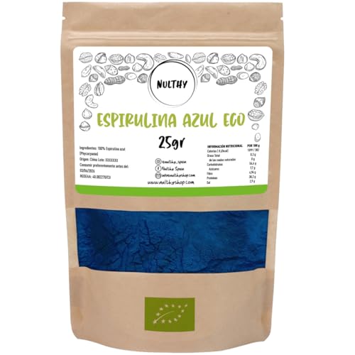 NULTHY - Espirulina Azul en Polvo 25g - Blue Spirulina Pura y Natural, Oro Azul Espirulina para Smoothies, Postres y Recetas Saludables, Superalimento Rico en Proteínas, Antioxidantes y Vitaminas