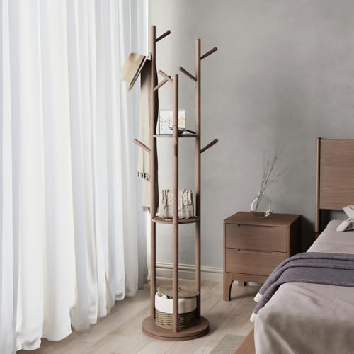 KASLANDI Coat Rack, Rotary Coat Rack Freestanding,FAS Grade Rubber Wood,Coat Rack Stand with 3 Shelves and 9 Hooks, Sturdy and Easy Assembly Wooden Coat Tree (Walnut)
