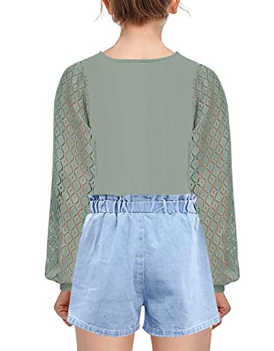 Geckatte Girls Long Sleeve T-Shirts Lace Crewneck Casual Plain Stretchy Ribbed Knit Blouses Tops 5-14 Years2