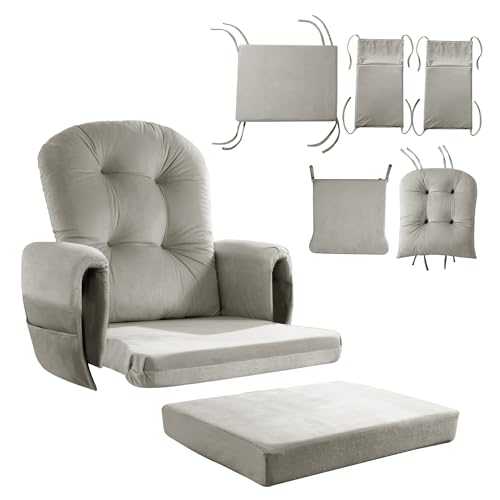 Image of HOMBYS Glider Rocker Replacement Cushions 5 PCS with Storage Side Pocket, Velvet Fabric, Foam & Microfiber Filling, Non-Slip & Washable,Thickened & Supportive for Glider Rocking Chair-Khaki