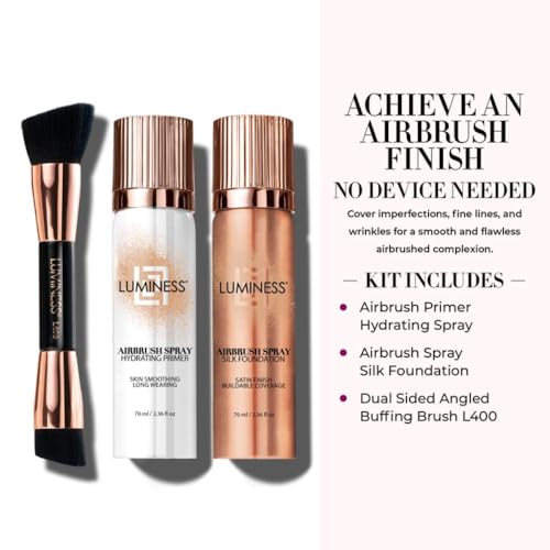 LUMINESS Silk Airbrush Spray Foundation Makeup Starter Kit - Full Coverage Foundation, Primer & Dual-Sided Buffing Brush - Buildable Coverage, Anti-Aging Formula Hydrates & Moisturizes (Shade - Medium)