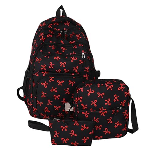 Bow Backpack - Cute Kawaii Backpack Set Aesthetic Daypack Bow Rucksack (Black Red)