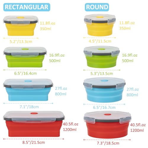 Collapsible Food Storage Containers with Lid & Air Vent, 8 Pack, 4 Rectangular + 4 Round, Annaklin Foldable Silicone Lunch Containers Collapsible Bowls Set, Microwave Freezer Dishwasher Safe, 4 Colors - Image 4