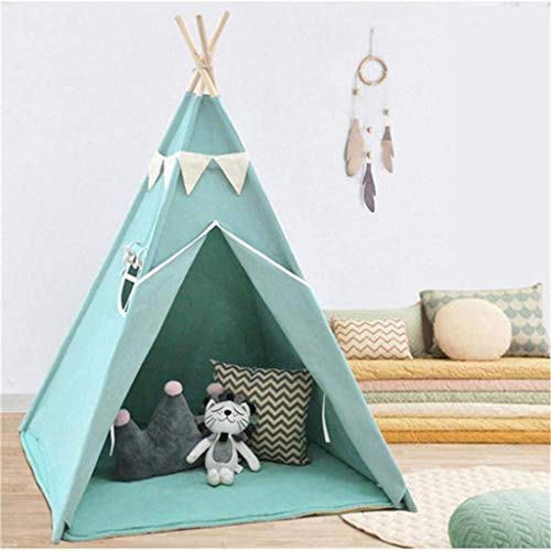 AMINSHAP Foldable Cotton Canvas Teepee Tent Indian Playhouse Kids Play Camping Tent With Pine Wood Frame Folding Mat For Girls Boys Babies Play Tents,Green,As shown
