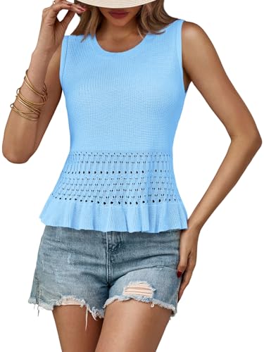 Image of Saodimallsu Womens Crochet Tank Top Sweater Vest | Sleeveless,Crew Neck,Pullover Top, Ruffle,Boho,Knit,Beach Vacation Outfits