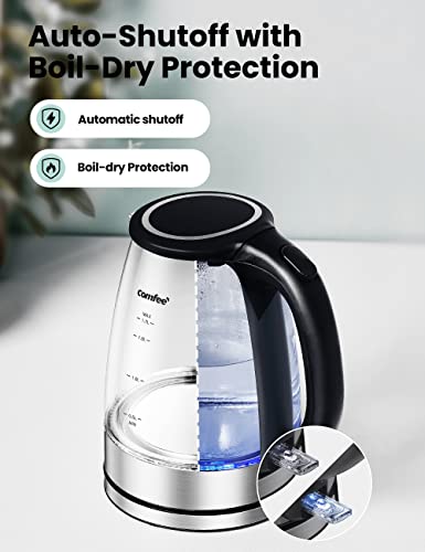 Comfee' Glass Electric Tea Kettle & Hot Water Boiler, 1.7L, Cordless With Led Indicator, 1500W Fast Boil, Auto Shut-Off And Boil-Dry Protection #TOP4