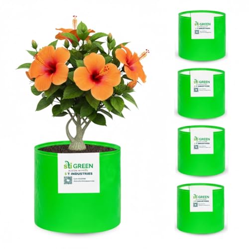 Image of HDPE Grow Bags for Plants 10X10 Inch (Pack of 5) | 260 GSM Heavy Duty UV-Protected Round Green Colour Plant Bags for Terrace and Vegetable Gardening | Strong & Reusable|