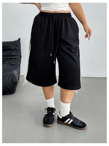 Verdusa Women's Plus Size Y2K Bow Lace Striped Capri Pants Drawstring Waist Wide Leg Cropped Pants4