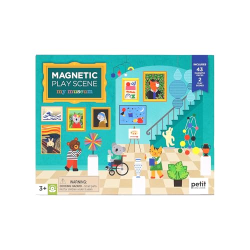 Petit Collage: My Museum Magnetic Play Scene - Fill The Museum with Iconic Art Pieces and Take Your Animal Friends on a Tour- Includes 2 Play Scenes and Over 40 Play Pieces - Great Travel Activity
