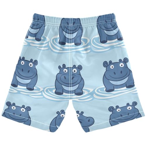 Boys Beach Board Shorts Hippo Cartoon Animal Blue Swim Trunk Teen Swimwear 8-16Y2