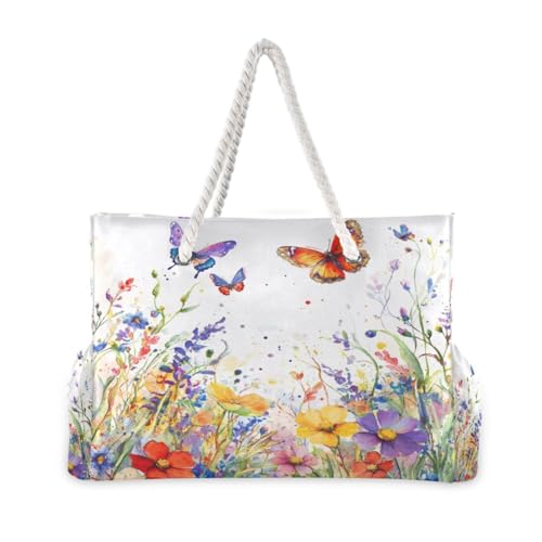 Wildflowers Butterflies Beach Bag & Travel Tote Bag Large Sandproof with Zipper Closure, Wet Pouch for Swim Gym Travel, Lightweight Foldable Outdoor Bag2