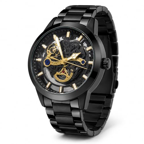 Image of Skeleton Automatic Watch for Men, Mechanical Self Winding Analog Wrist Watch, Black Stainless Steel Chain Strap, Luxury Gold Accent Dial, Waterproof 3ATM, Luminous Hands, Premium Mens Silver Watch