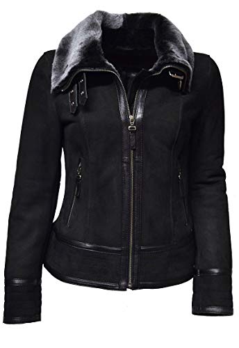 MADDOX Damen Lammfelljacke echt Leder Lammfell Shearling Schwarz Anthrazit...