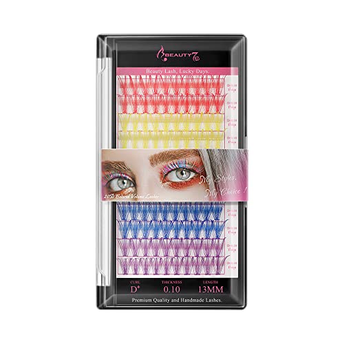 Beauty7 DIY Extensiones de Pestañas 4 Colores Cluster Lashes 0.1mm D+ Curl Volume Ruso Length 13mm Rainbow Eyelash Rojo Amarillo Azul Púrpura Faux Mink Volume Pestañas Postizas Naturales