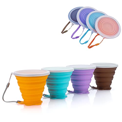 JBER Silicone Collapsible Travel Cup, 4 Pack Silicone Folding Camping Cup with Lids Expandable Drinking Cup Set BPA Free Reusable Portable Graduated for Outdoor Hiking Travel