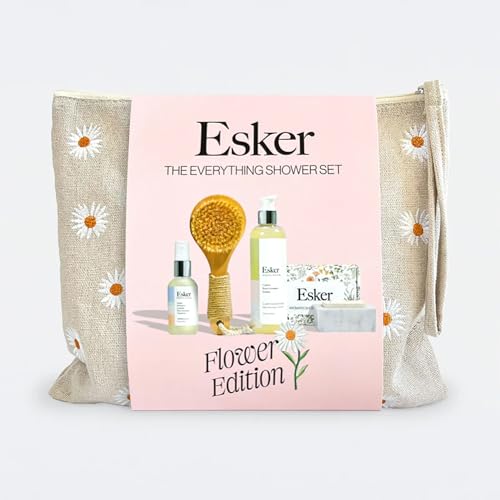 ESKER Everything Shower Gift Set Comes with our Dry Brush 2oz Firming Body Oil a Full Sized Clarifying Wash and our Aromatic Shower Steamer all Packaged in a Beautiful Floral Linen Pouch