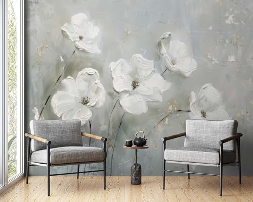 Beyaz Yağlı Boya Çiçek Desenli Duvar Kağıdı, Botanik Çiçek Duvar Resmi - Oturma Odası ve Yatak Odası - Görsel 1