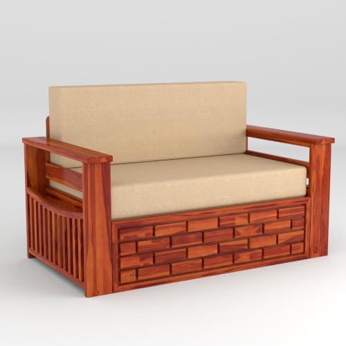 Image of Solid Sheesham Wood Sofa Cums Bed with Mattress & Storage | Rosewood Convertible Sofa Bed for Living Room & Bedroom (E-Honey, 2 Seater)