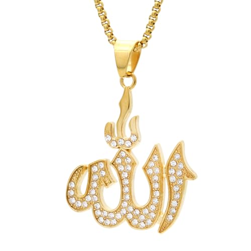 18K Gold Plated Iced Out Stainless Steel Allah Sign Pendant Arabic Necklace