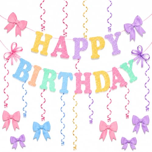 Pastel Birthday Decorations Happy Birthday Banner Decorative Bows & Hanging Swirls Birthday Backdrop Decorations Rainbow Party Supplies for Baby Shower Bridal Shower & Hen Party
