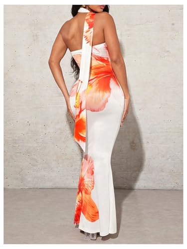 Image of Milumia Women's Boho Floral Maxi Dress Strapless Bodycon Summer Hawaiian Long Dresses with Scarf
