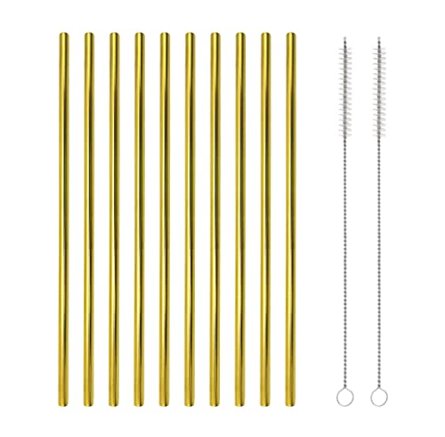 Lot de 10 pailles en acier inoxydable, réutilisables, pailles droites en métal avec 2 brosses de nettoyage (26,6 cm, doré)