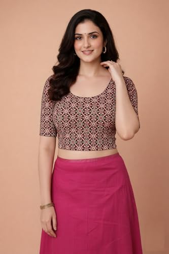 Image of Amazon Brand - Anarva Women's Kalamkari Print Cotton Stretchable Round Neck Readymade Saree Blouse