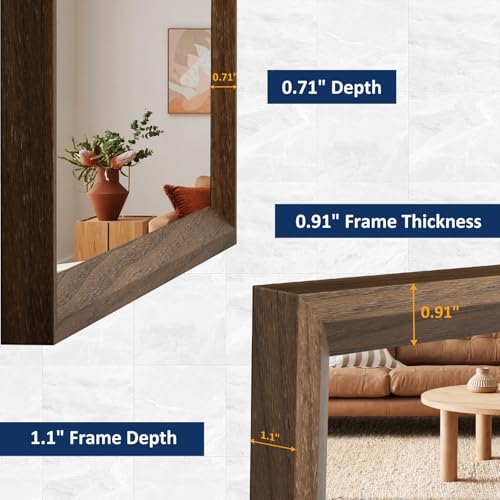 Image of WEER Brown Bathroom Mirror, 60x90cm Faux Wood Frame Rectangular Wall Mirror
