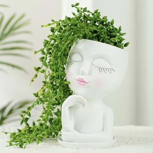 EMINGSKY Cute Lady Face Planter Pot - 1PC Sleeping Beauty Resin Succulent Pot with Drainage Holes,...