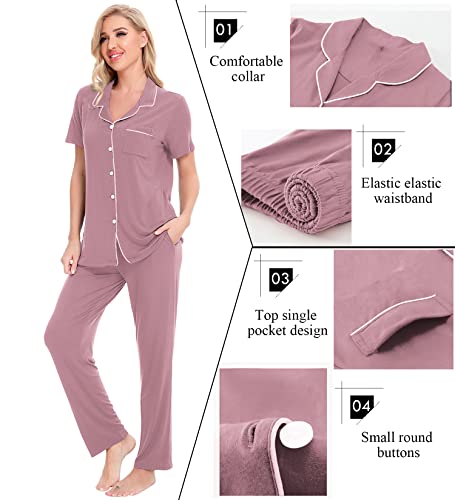 Image of SWOMOG Women Pajama Sets Two-Piece Nightwear Short Sleeve Sleepwear Button Down Pj Lounge Sets with Long Pants