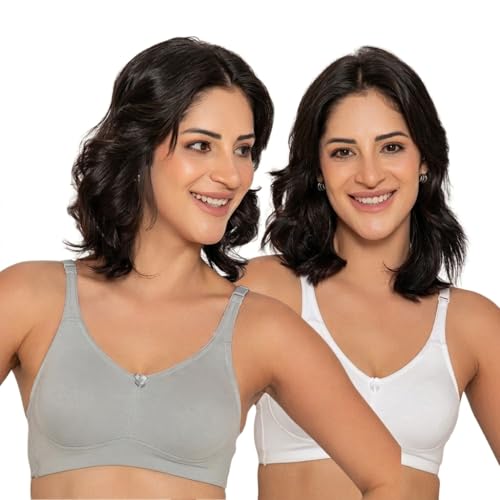 Image of INKURV Seamless Non-Padded Bra for Women | Non-Wired Cotton Full Coverage T-Shirt Bra | Thin Adjustable Straps | Double Layered Cups | Anti Sag Lift Up Support | Luna Combo of 2