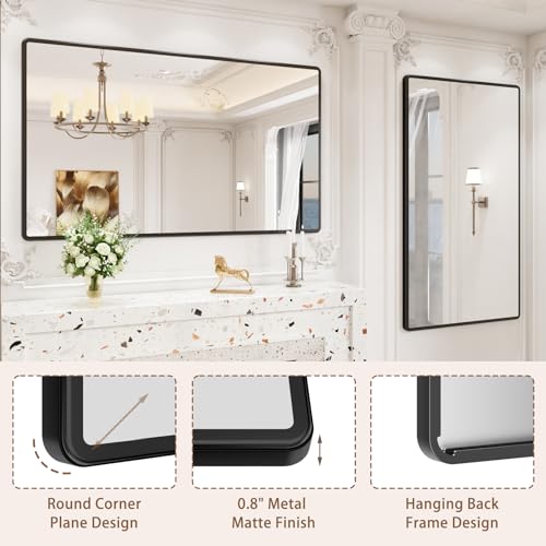 New Upgrade Bathroom Mirror, 60X36 Inch Black Metal Frame Wall Mounted Rounded Rectangle Bathroom Vanity Mirror with Tempered Glass for Washroom Bedroom Living Room