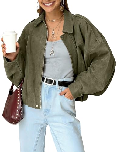 Kissonic Womens Oversized Jackets Faux Suede Bomber Jacket Lapel Pilot Cropped Casual Coat for Streetwear Outerwear(Green-L)