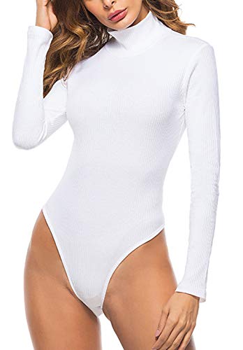 PALINDA Women's Turtleneck Ribbed Knit Long Sleeve Stretchy Bodycon Bodysuit Leotard Top(L,White)