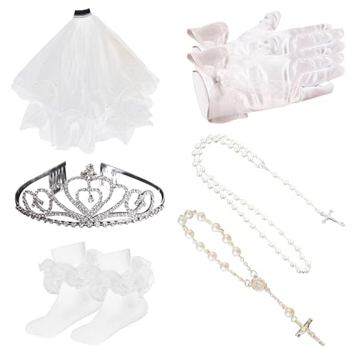 MKYSZLT 6 Pcs First Communion Veil Set for Girls White 1st Communion Veil Satin Gloves Lace Socks Rhinestone Crown Pearl Necklace Bracelet First Communion Accessories for Girls Wedding Flower Girl