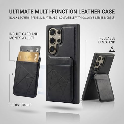 Image of amazon basics Premium Vegan Leather Back Cover with Card Holder and Integrated Mobile Stand for Samsung Galaxy S24 Ultra 5G - Slim Shockproof Wallet Case with Geometric Stitching [Black]