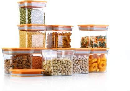 Global Voice Kitchen Plastic Storage Box Set Unbreakable Sturdy Airtight Transparent Jar | Kitchen Containers | PET-Grocery Containers (Pack of 6, Orange) (Pack of 10-600 Ml)