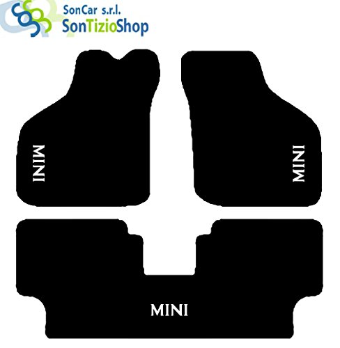 SonCar PEU50811TPIR - Juego completo de alfombrillas artesanales de moqueta y a medida para Rover Mini, con bordado de hilo: Mini. ¡Alfombrilla trasera completa! Bianco